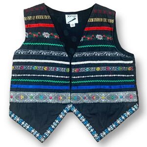 Vintage 90s Embroidered Folk Art Tailored Suit Vest Black Colorful Vneck Boho